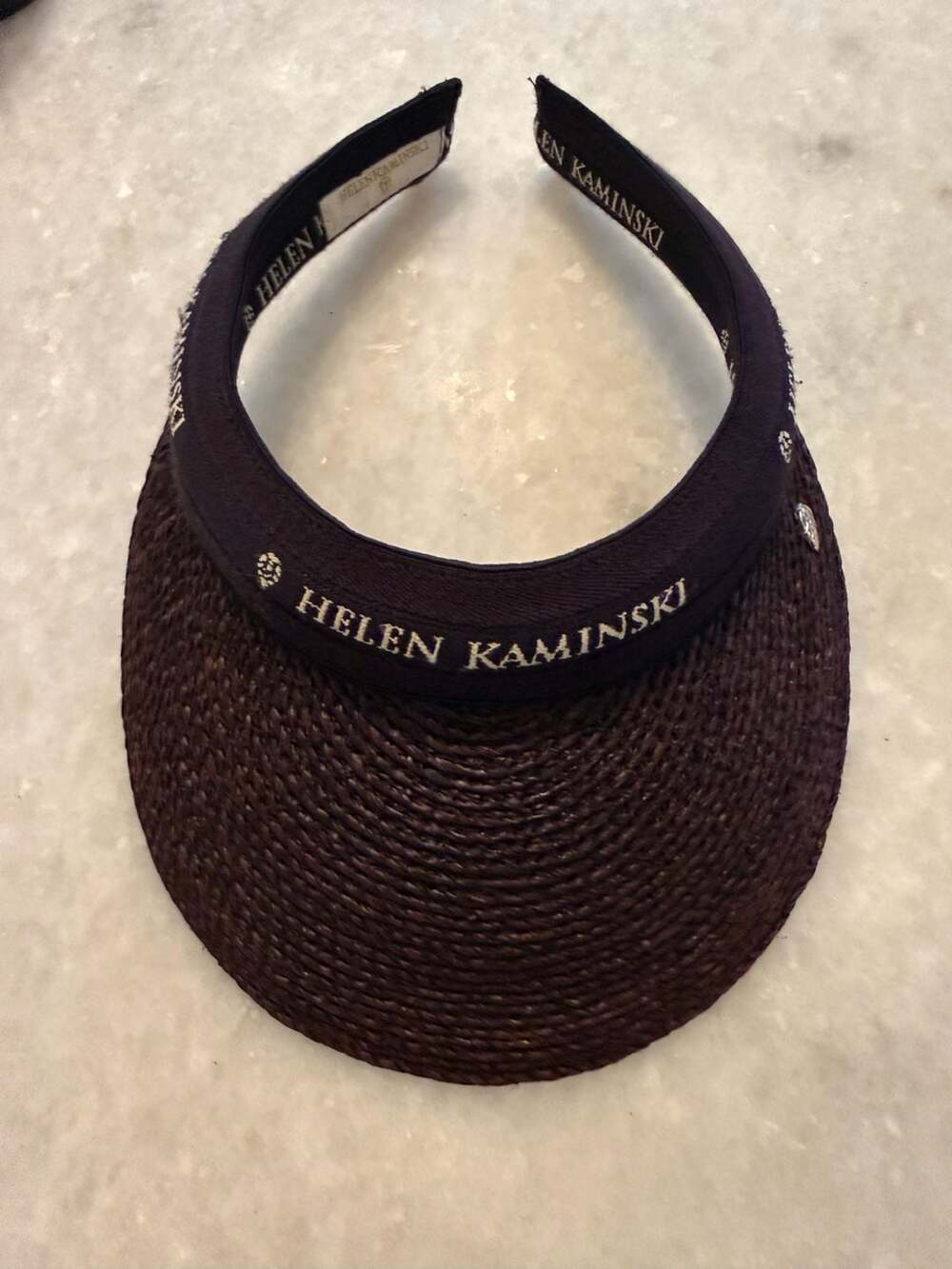 Helen Kaminski Bianca Raffia Visor in Chocolate with Black Logo